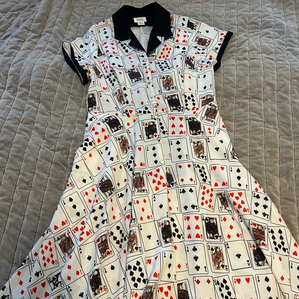 Unique Vintage Playing Card Print Midi Dress